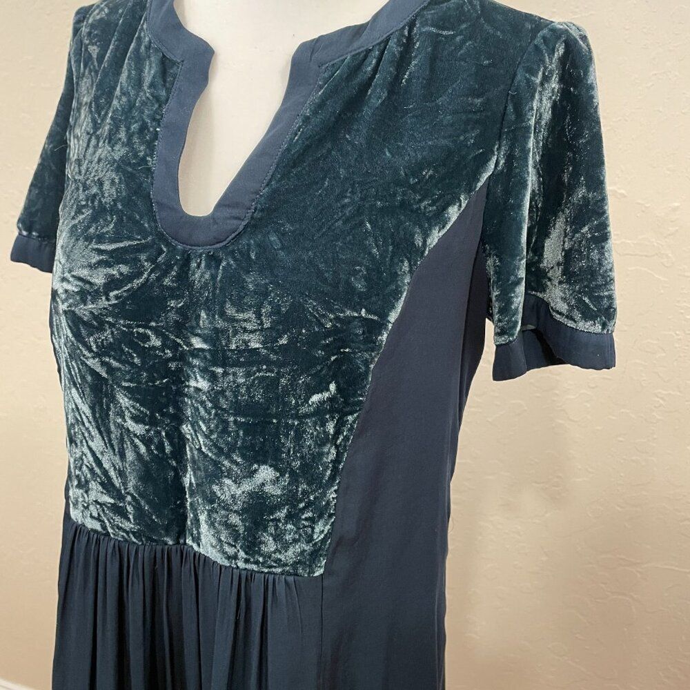 ~ Anthropologie Maeve S Tunic Dress Teal Top Lined Pleated V-neck Velvet Flowy
